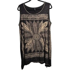 SKINNY MINNIE Black Tan‎ Paisley Floral Daisy Sleeveless Tunic Top Plus Size 1X